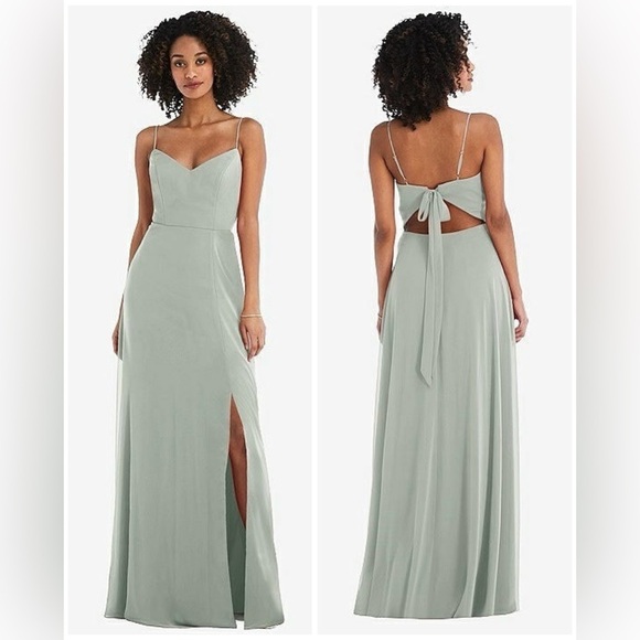 NWT Dessy Collection Tie-Back Cutout Maxi Dress w/ Front Slit, Willow Green, 14R - Picture 1 of 16